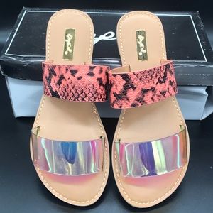 Slip on Flats, Iridescent and Coral colored slip on sandals. Multiple sizes